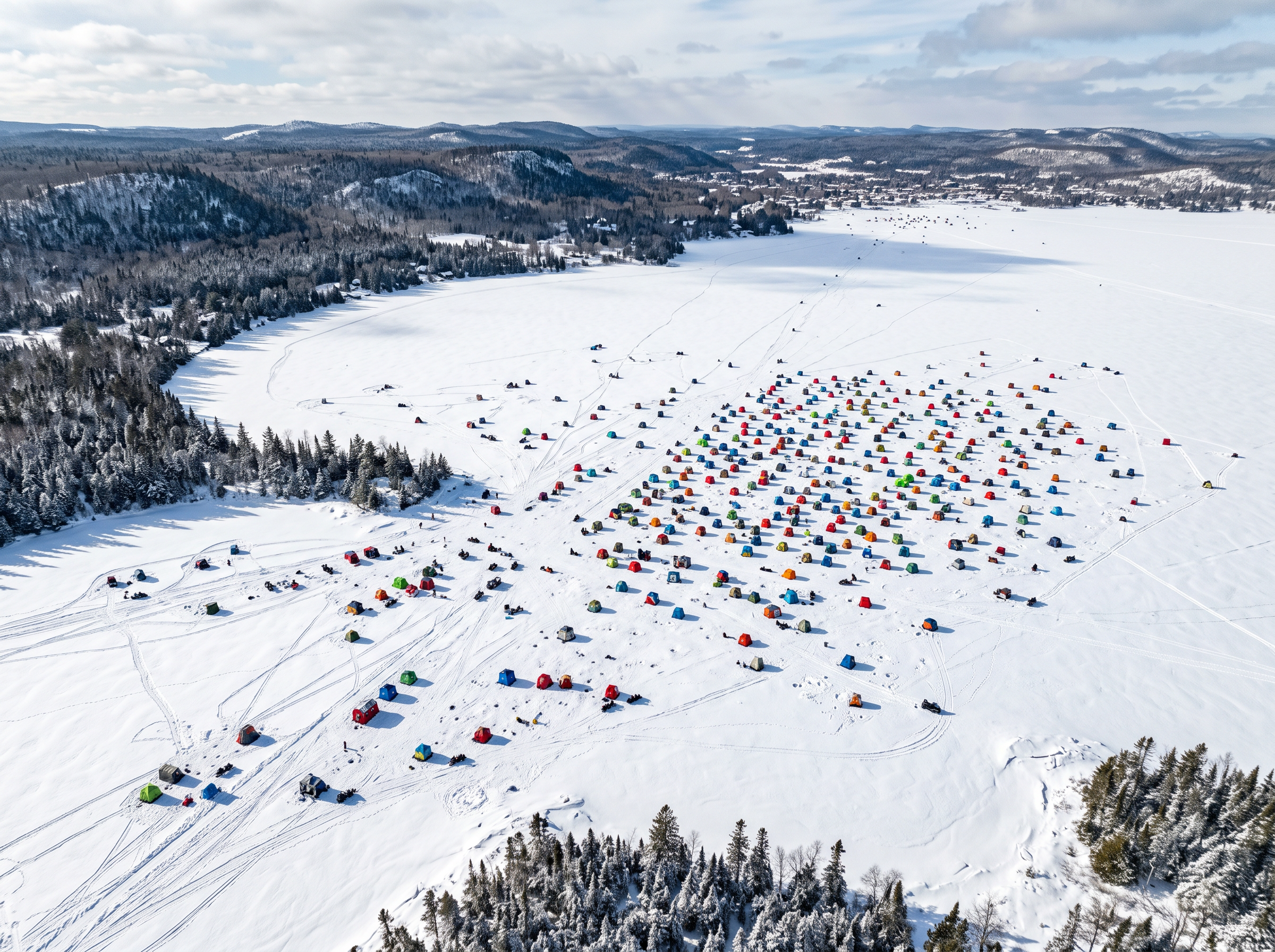 Aerial view of ice fishing spots on frozen lake