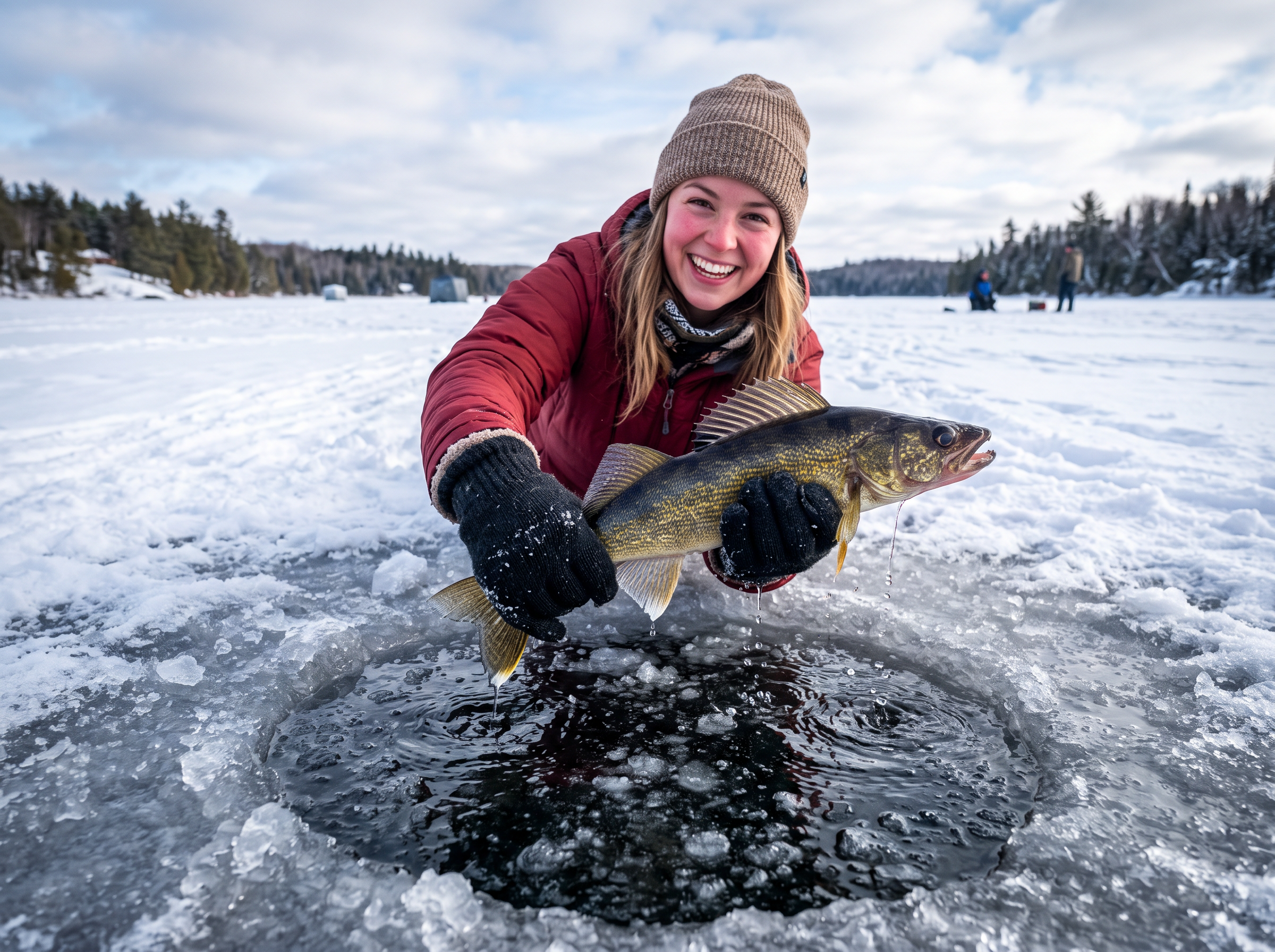 Freshly caught fish through ice hole