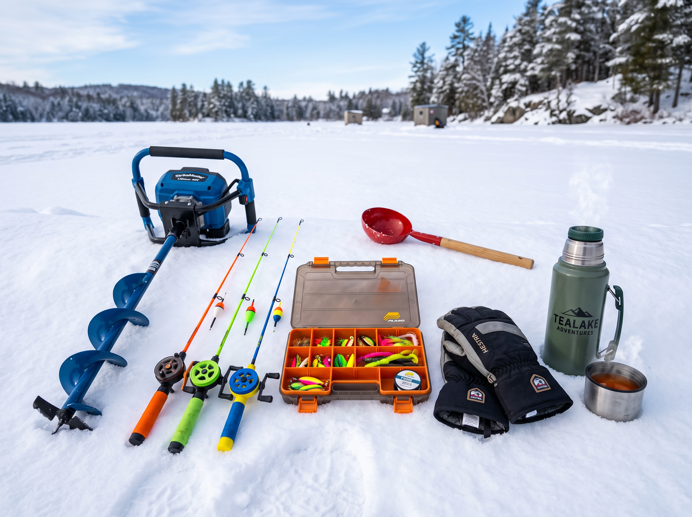 Complete ice fishing equipment set on snow