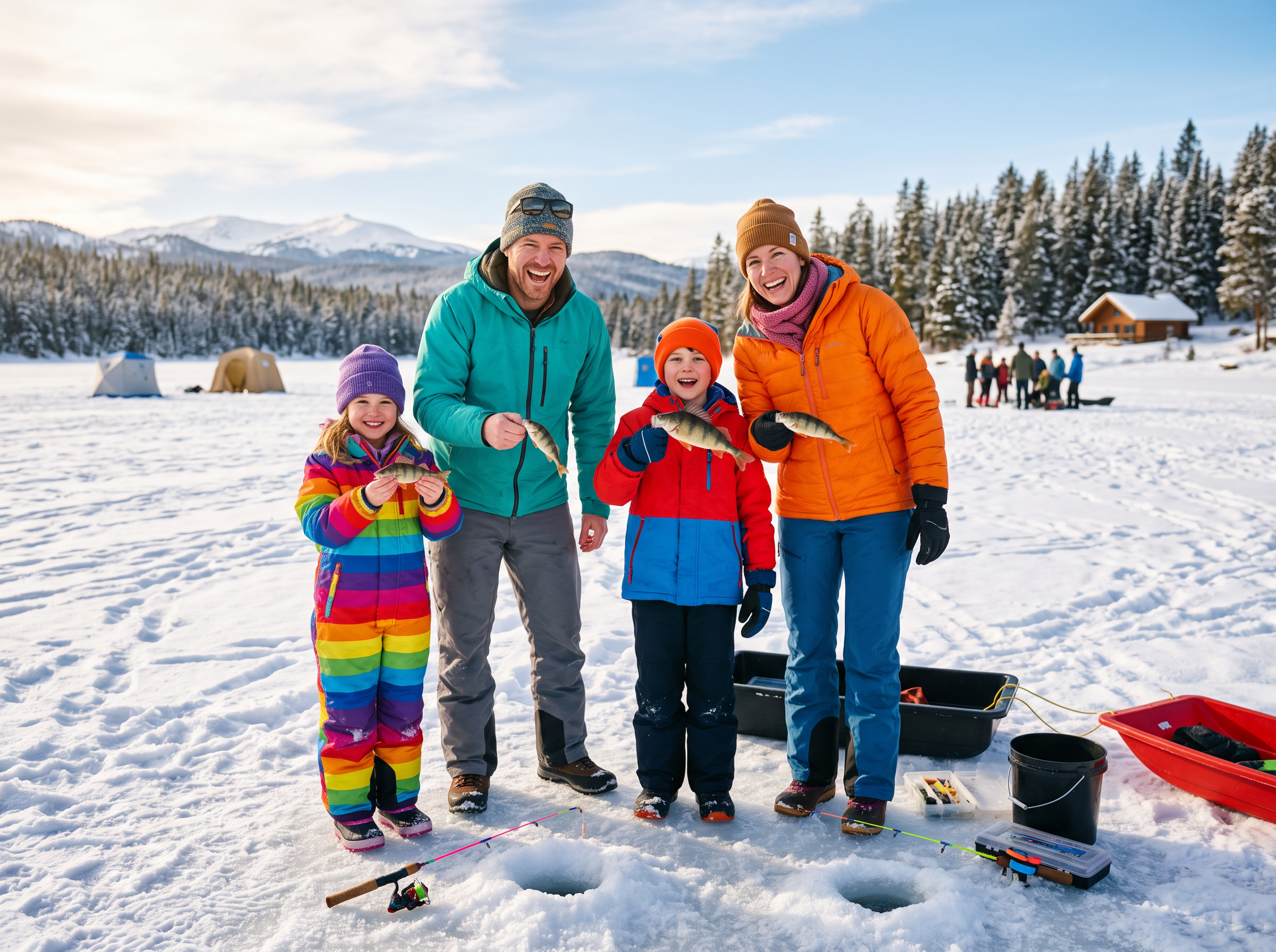 Happy family ice fishing together