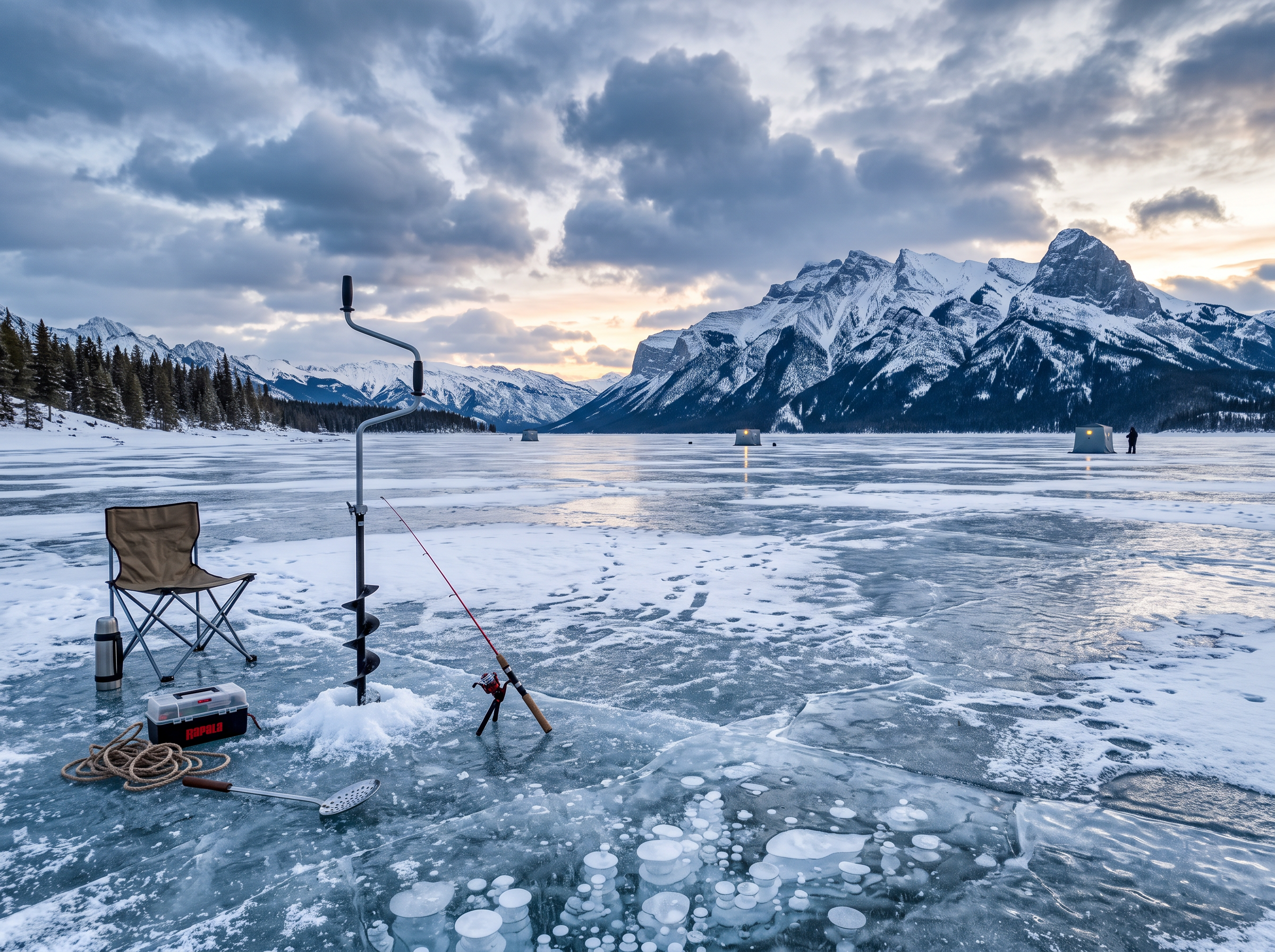 Panoramic view of frozen lake with fishing equipment
